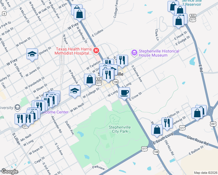 map of restaurants, bars, coffee shops, grocery stores, and more near 374 South Belknap Street in Stephenville