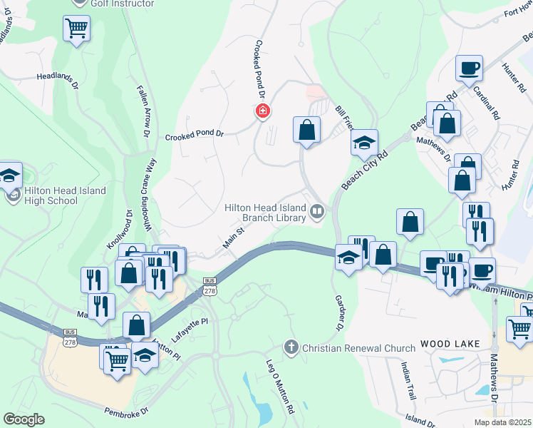 map of restaurants, bars, coffee shops, grocery stores, and more near 16 Main Street in Hilton Head Island