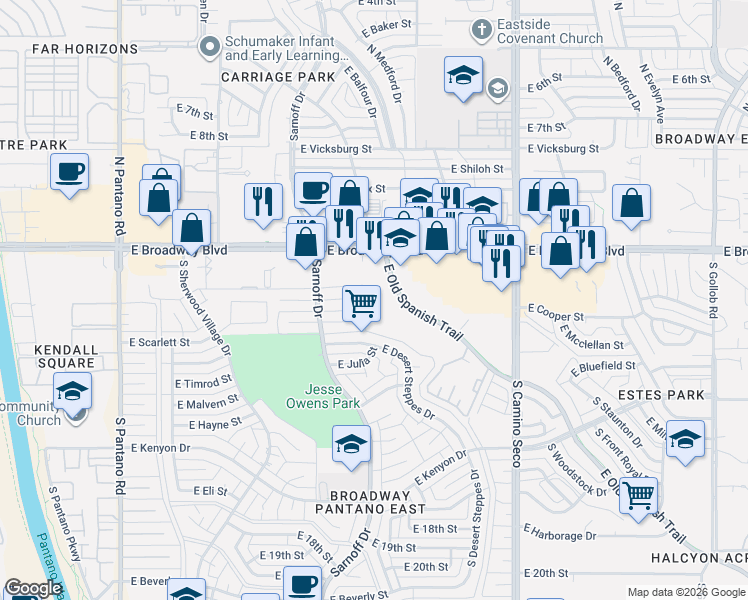 map of restaurants, bars, coffee shops, grocery stores, and more near 8450 East Old Spanish Trail in Tucson
