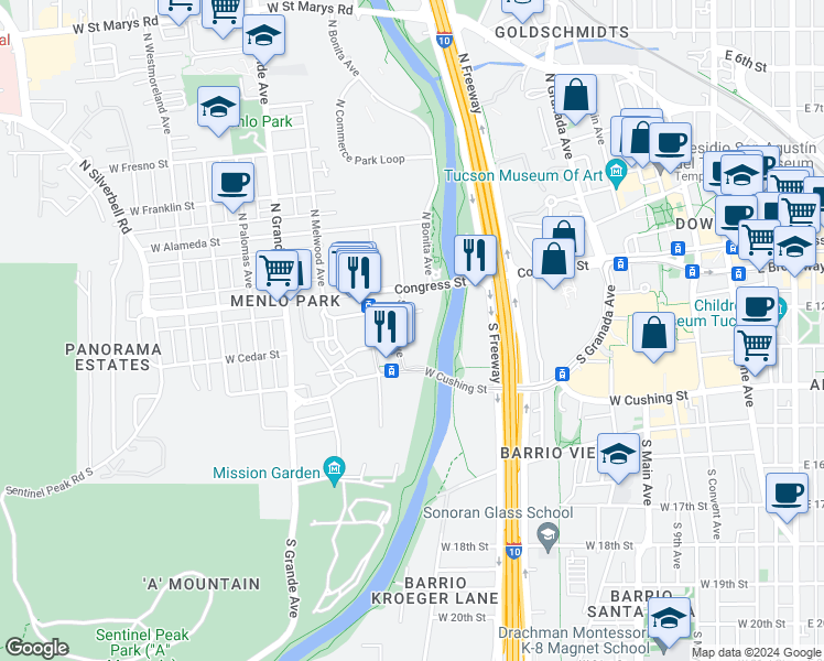 map of restaurants, bars, coffee shops, grocery stores, and more near 165 South Linda Avenue in Tucson