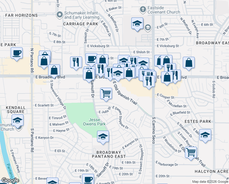 map of restaurants, bars, coffee shops, grocery stores, and more near 8450 East Old Spanish Trail in Tucson