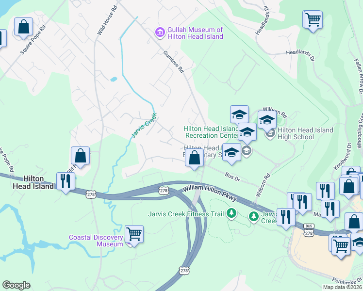 map of restaurants, bars, coffee shops, grocery stores, and more near 5 Gumtree Road in Hilton Head Island