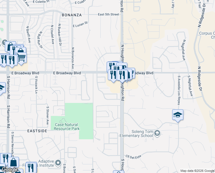 map of restaurants, bars, coffee shops, grocery stores, and more near 10199 East Covington Street in Tucson