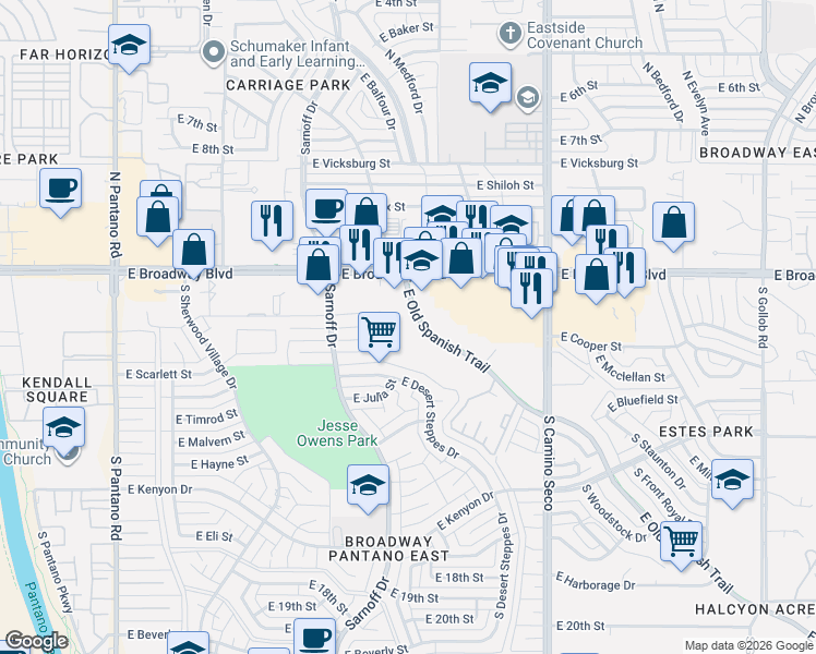 map of restaurants, bars, coffee shops, grocery stores, and more near 8450 East Old Spanish Trail in Tucson