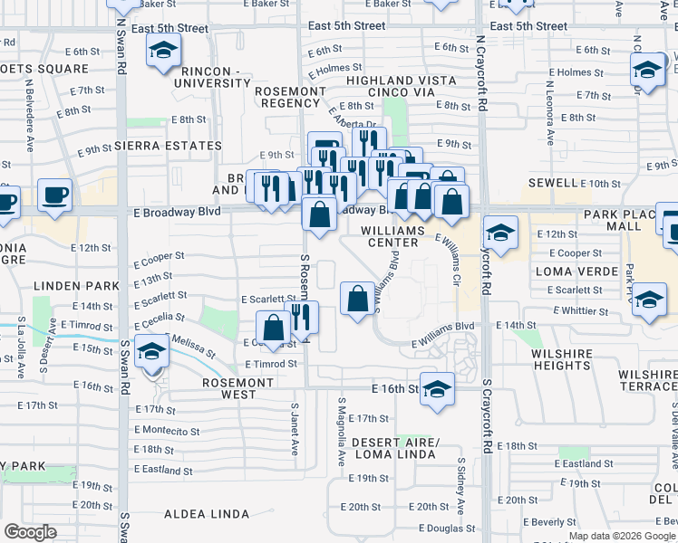 map of restaurants, bars, coffee shops, grocery stores, and more near 270 South Williams Boulevard in Tucson