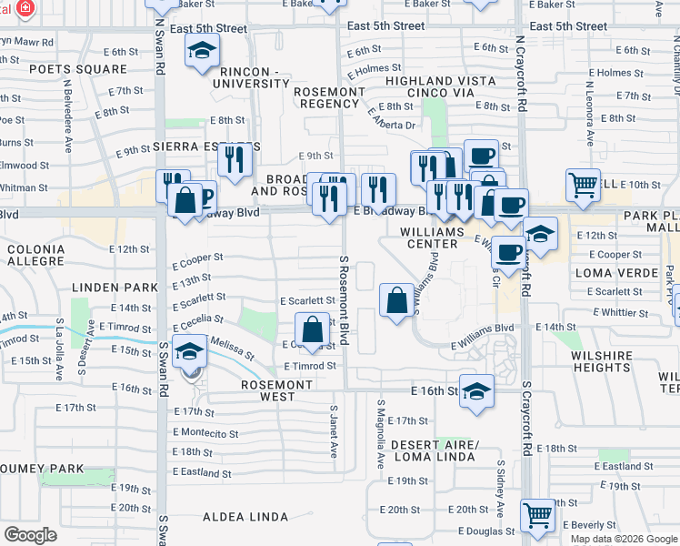 map of restaurants, bars, coffee shops, grocery stores, and more near 5050 East 13th Street in Tucson