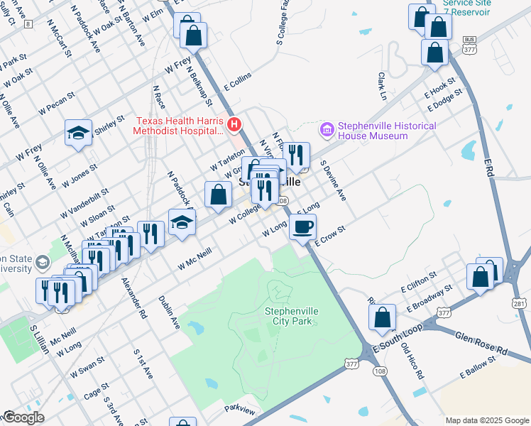 map of restaurants, bars, coffee shops, grocery stores, and more near 374 South Belknap Street in Stephenville