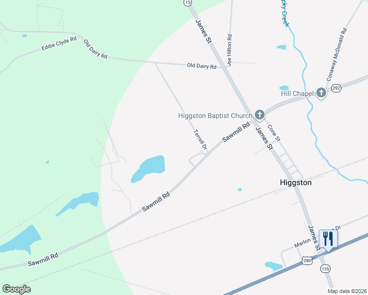 map of restaurants, bars, coffee shops, grocery stores, and more near 2733 Saw Mill Road in Ailey