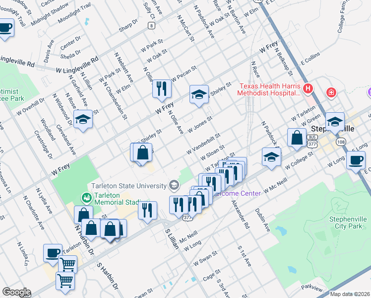 map of restaurants, bars, coffee shops, grocery stores, and more near North McIlhaney Street in Stephenville