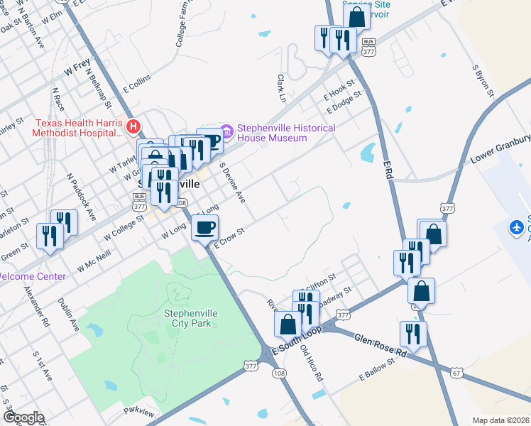 map of restaurants, bars, coffee shops, grocery stores, and more near 562 East Crow Street in Stephenville