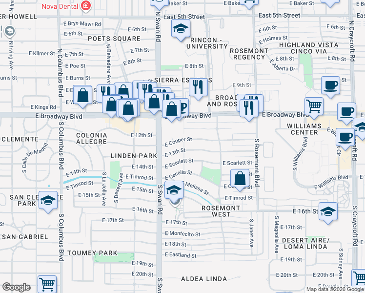 map of restaurants, bars, coffee shops, grocery stores, and more near 4737 East Scarlett Street in Tucson