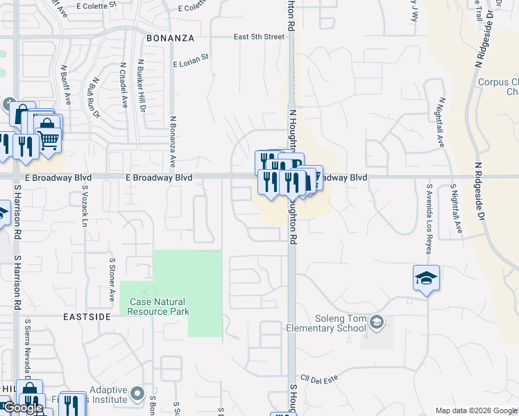 map of restaurants, bars, coffee shops, grocery stores, and more near 10199 East Covington Street in Tucson