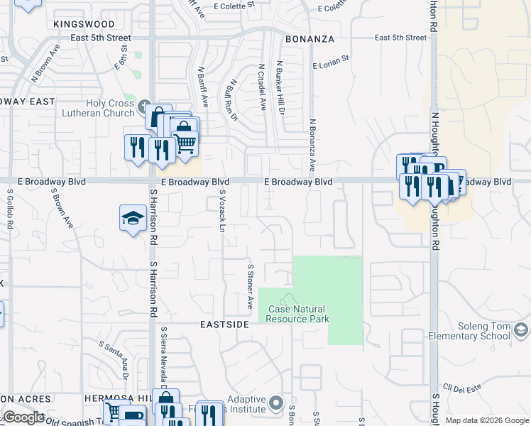 map of restaurants, bars, coffee shops, grocery stores, and more near 9841 East Sabrena Lane in Tucson
