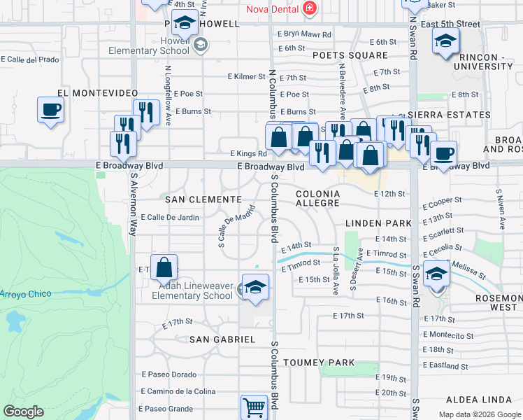 map of restaurants, bars, coffee shops, grocery stores, and more near 225 South Calle De La Azucena in Tucson
