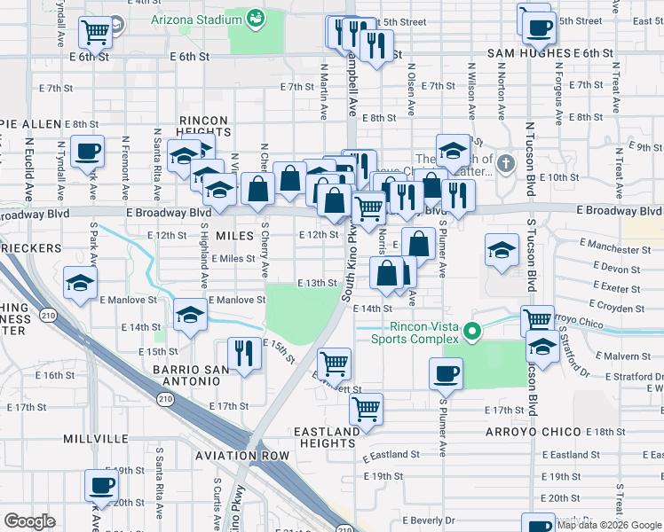 map of restaurants, bars, coffee shops, grocery stores, and more near 1821 East 13th Street in Tucson