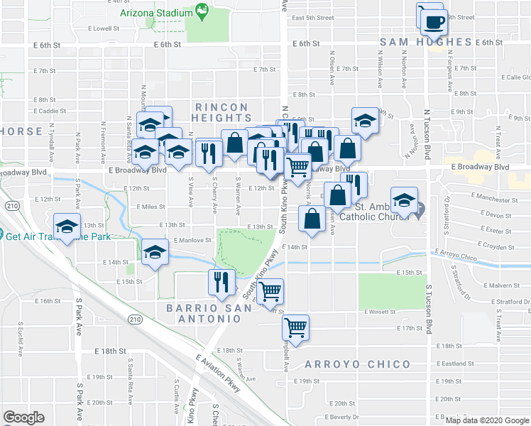 map of restaurants, bars, coffee shops, grocery stores, and more near 1821 East 13th Street in Tucson