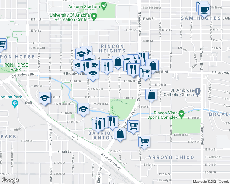 map of restaurants, bars, coffee shops, grocery stores, and more near 1615 East 13th Street in Tucson