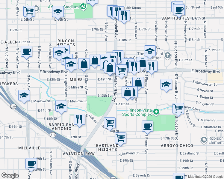 map of restaurants, bars, coffee shops, grocery stores, and more near 1821 East 13th Street in Tucson