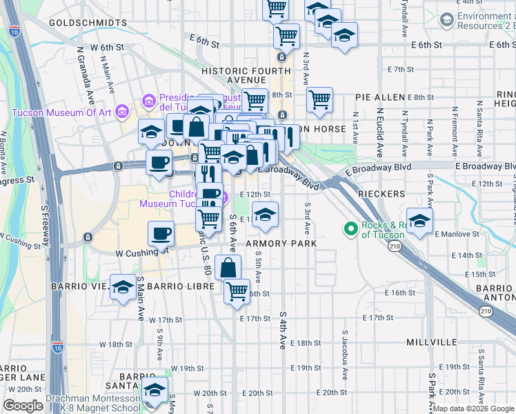 map of restaurants, bars, coffee shops, grocery stores, and more near 219-201 East 13th Street in Tucson