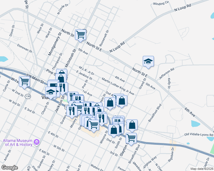 map of restaurants, bars, coffee shops, grocery stores, and more near 613 2nd Avenue in Vidalia