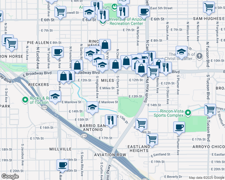 map of restaurants, bars, coffee shops, grocery stores, and more near 1515 East Miles Street in Tucson