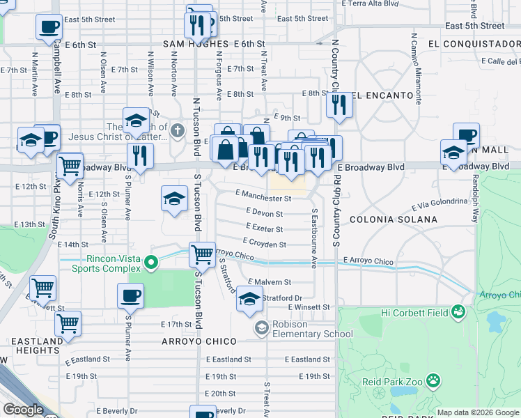map of restaurants, bars, coffee shops, grocery stores, and more near 2741 South Treat Avenue in Tucson