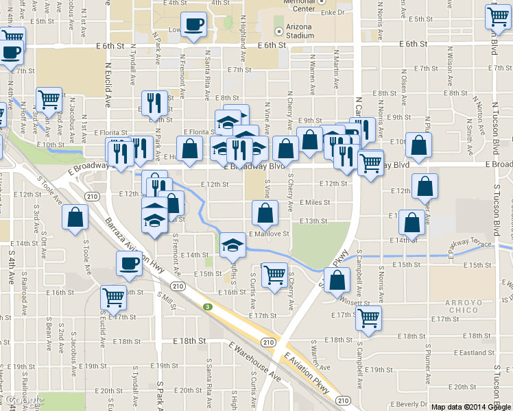 map of restaurants, bars, coffee shops, grocery stores, and more near 280 South Highland Avenue in Tucson