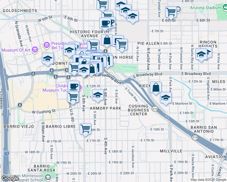 map of restaurants, bars, coffee shops, grocery stores, and more near 347 East 12th Street in Tucson