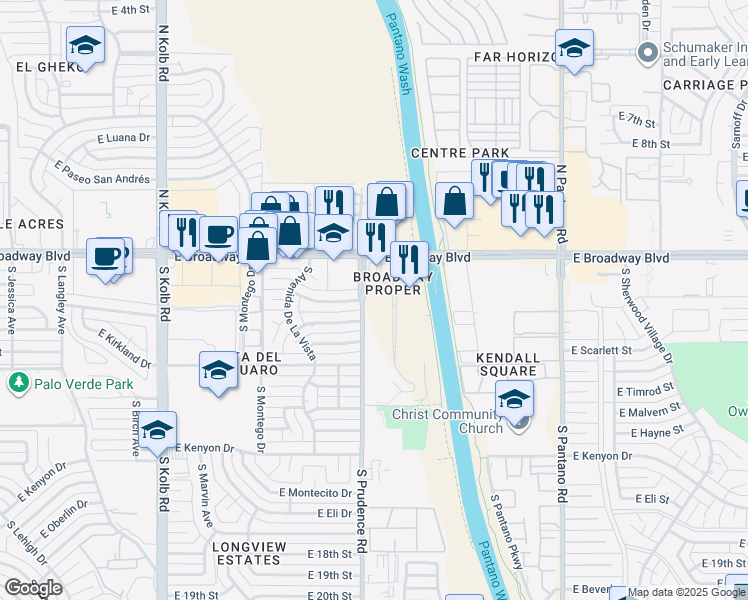 map of restaurants, bars, coffee shops, grocery stores, and more near 40 South Broadway Place in Tucson