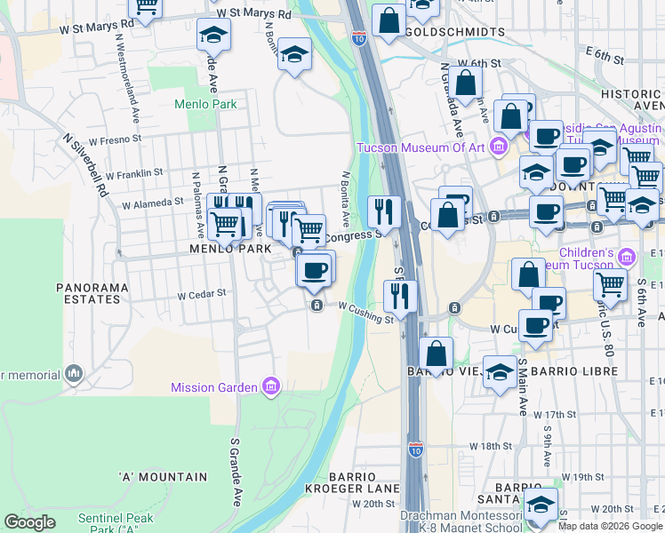 map of restaurants, bars, coffee shops, grocery stores, and more near 165 South Linda Avenue in Tucson