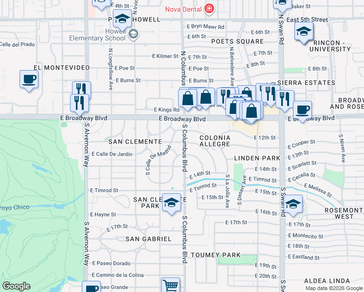 map of restaurants, bars, coffee shops, grocery stores, and more near 4261 East Cooper Street in Tucson