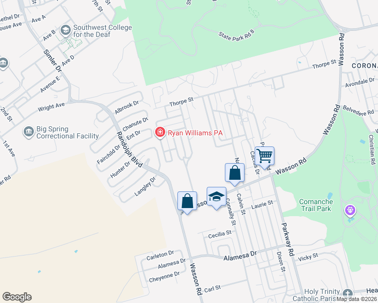 map of restaurants, bars, coffee shops, grocery stores, and more near 2902 Clanton Street in Big Spring