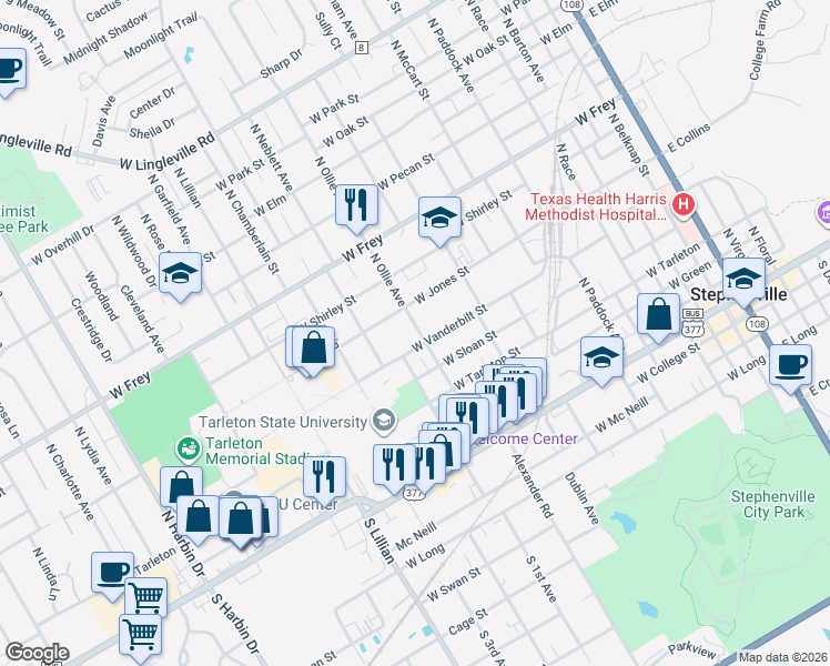 map of restaurants, bars, coffee shops, grocery stores, and more near 632 North Ollie Avenue in Stephenville