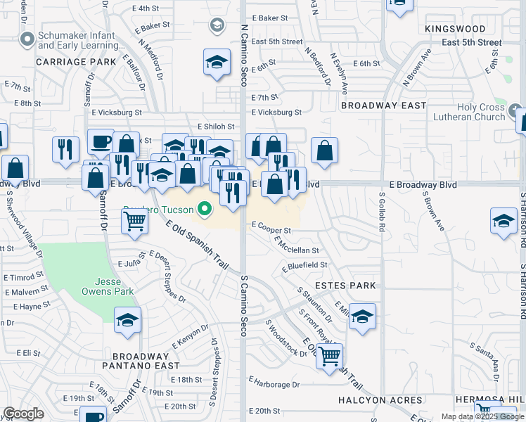 map of restaurants, bars, coffee shops, grocery stores, and more near 801 South Prudence Road in Tucson