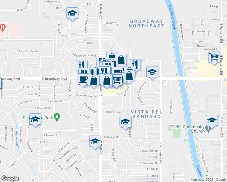 map of restaurants, bars, coffee shops, grocery stores, and more near 7160 E Broadway Blvd in Tucson