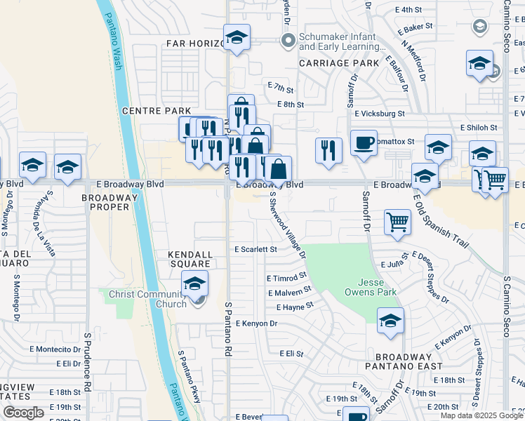 map of restaurants, bars, coffee shops, grocery stores, and more near 7970 East Broadway Boulevard in Tucson