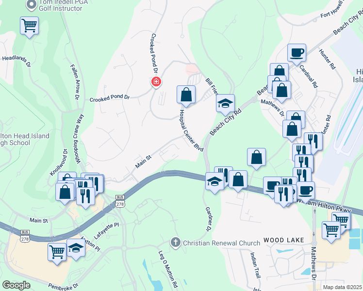 map of restaurants, bars, coffee shops, grocery stores, and more near 16 Main Street in Hilton Head Island