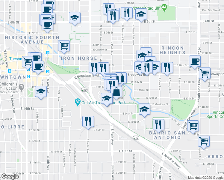 map of restaurants, bars, coffee shops, grocery stores, and more near S Park Ave & E Miles St in Tucson