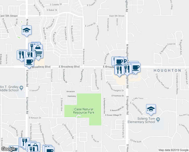 map of restaurants, bars, coffee shops, grocery stores, and more near 100 South London Station Road in Tucson