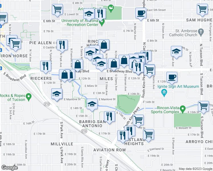 map of restaurants, bars, coffee shops, grocery stores, and more near 198 South Vine Avenue in Tucson