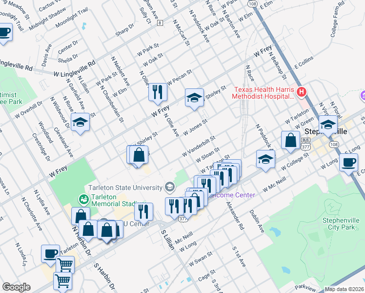 map of restaurants, bars, coffee shops, grocery stores, and more near 632 North Ollie Avenue in Stephenville