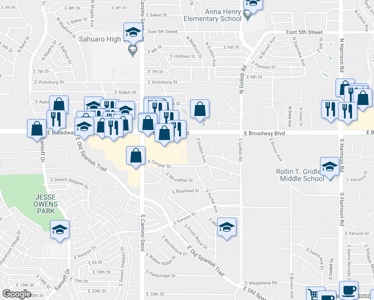 map of restaurants, bars, coffee shops, grocery stores, and more near 8880 East Broadway Boulevard in Tucson