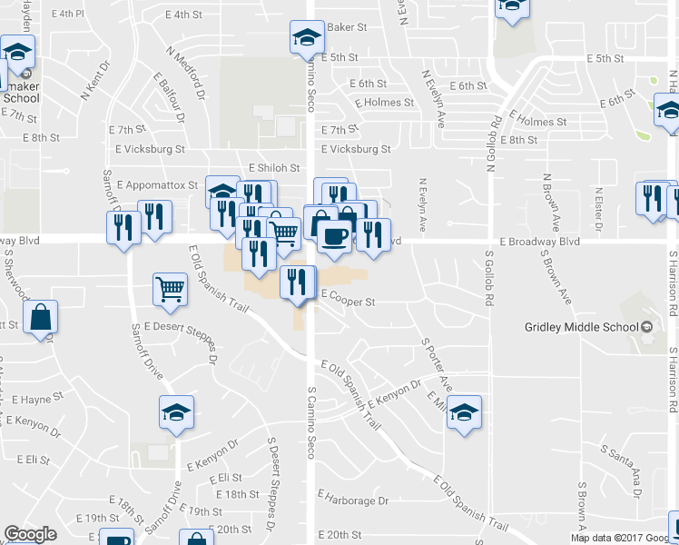 map of restaurants, bars, coffee shops, grocery stores, and more near 8740 East Broadway Boulevard in Tucson