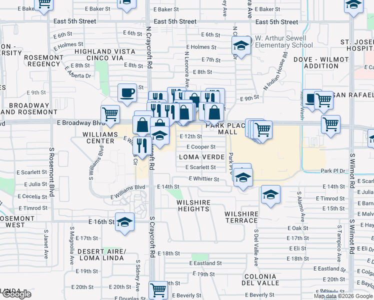 map of restaurants, bars, coffee shops, grocery stores, and more near 5611 East Cooper Street in Tucson