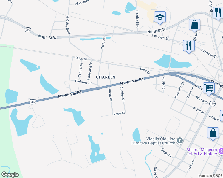 map of restaurants, bars, coffee shops, grocery stores, and more near 1100-1106 Mount Vernon Road in Vidalia