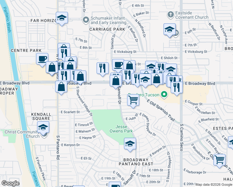 map of restaurants, bars, coffee shops, grocery stores, and more near 100 South Sarnoff Drive in Tucson