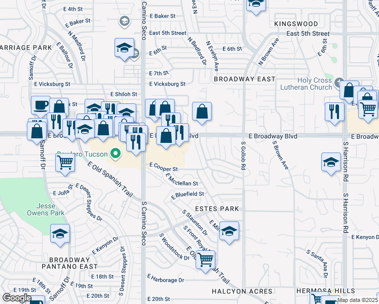 map of restaurants, bars, coffee shops, grocery stores, and more near 8880 East Broadway Boulevard in Tucson