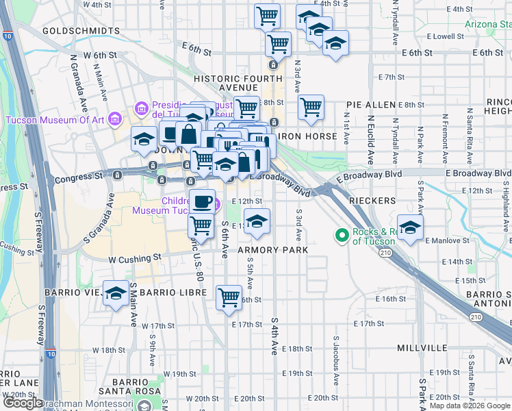 map of restaurants, bars, coffee shops, grocery stores, and more near 211 South 5th Avenue in Tucson