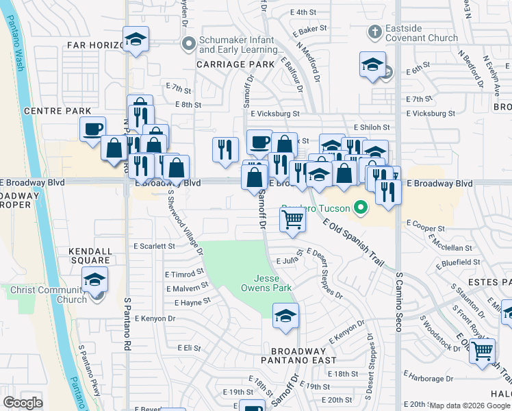 map of restaurants, bars, coffee shops, grocery stores, and more near 100 South Sarnoff Drive in Tucson