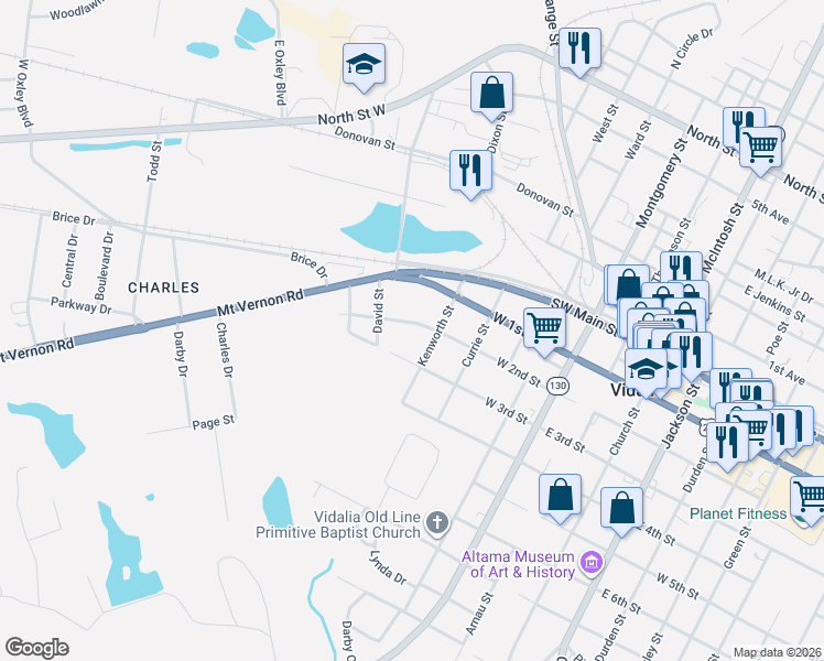 map of restaurants, bars, coffee shops, grocery stores, and more near 701 West 2nd Street in Vidalia